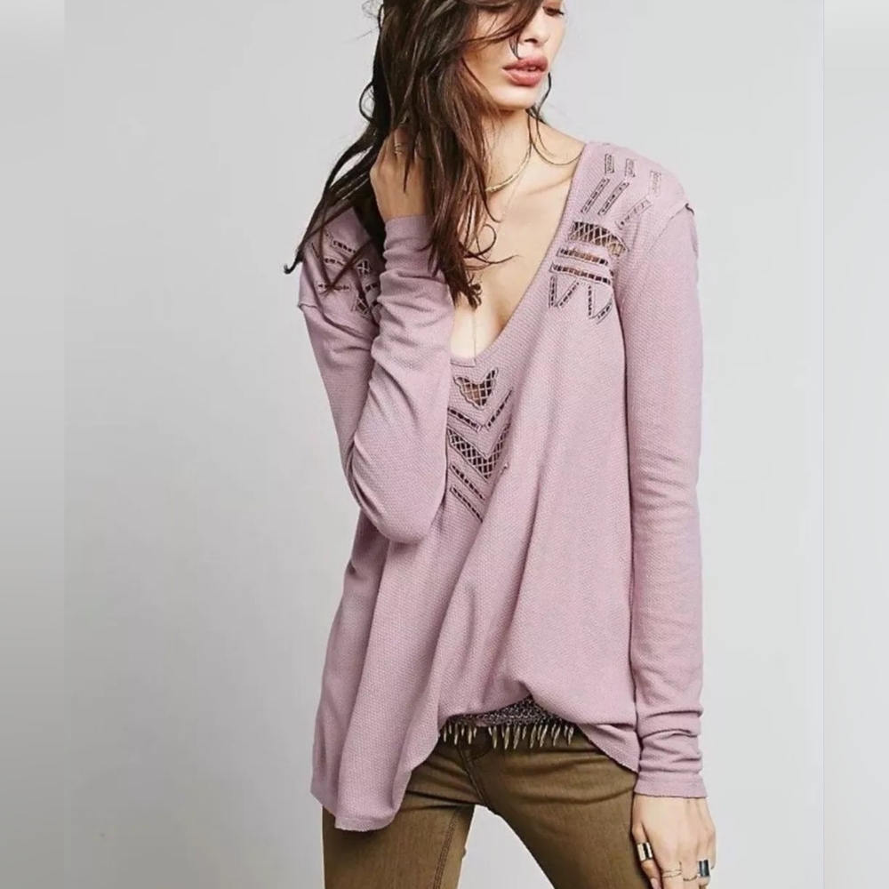 FP FREE PEOPLE We The Free Moonrise Thermal Top XS Mauve Waffle Knit Cutout Top